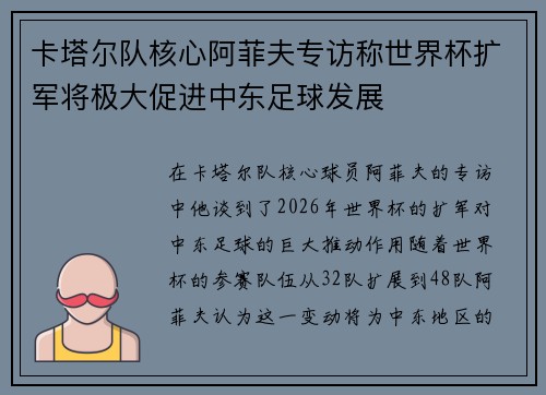 卡塔尔队核心阿菲夫专访称世界杯扩军将极大促进中东足球发展